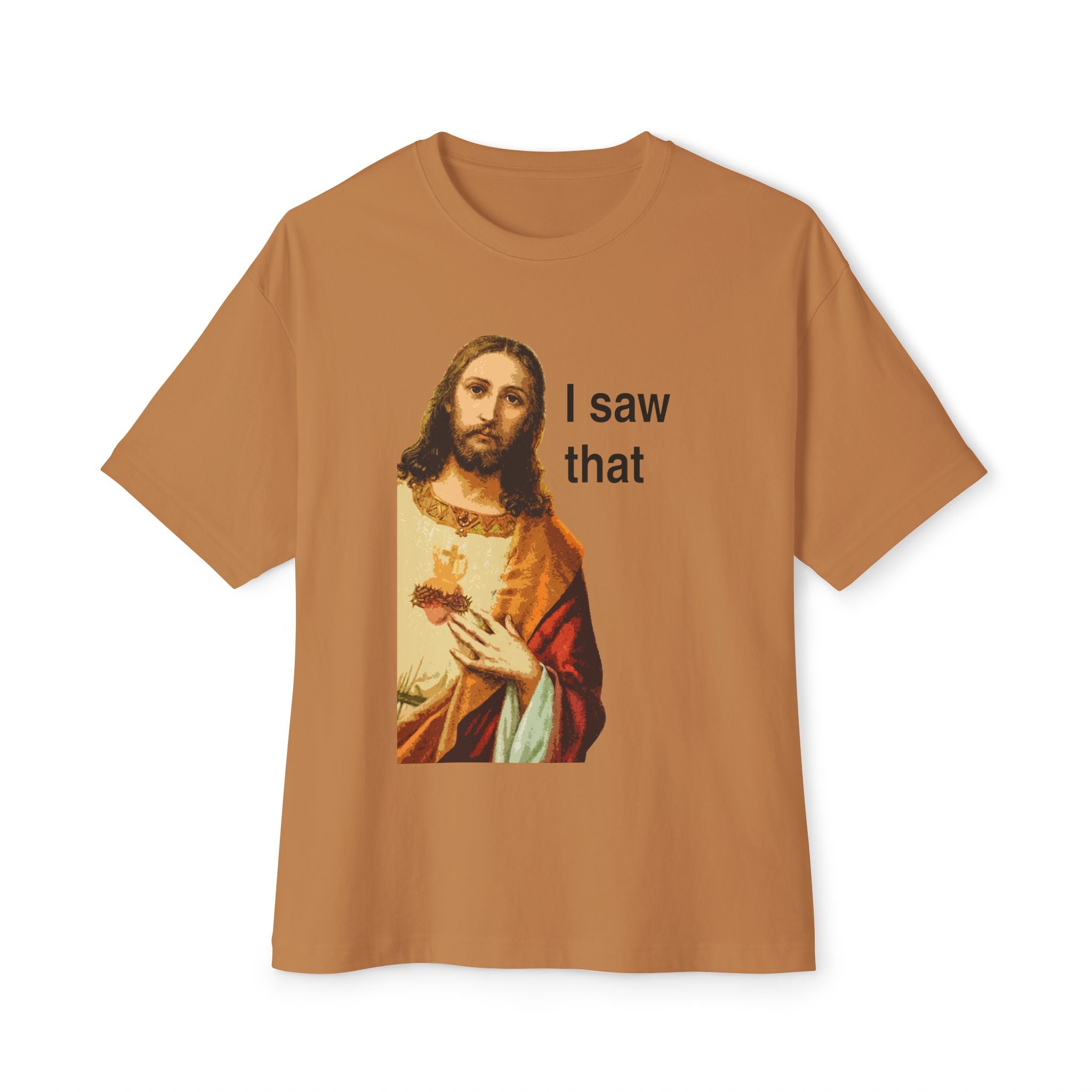 I Saw That Jesus T-Shirt — Oversized Boxy Tee with Sacred Heart Graphic